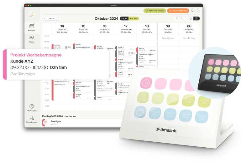 Bild zeigt die Kalenderansicht der timelink App sowie eine Illustration des timelink Panels in der Farbvariante weiß.